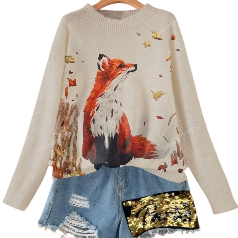 Fox Pattern Loose Pullover Sweater With Faux Embroidery Design - Picture 3 of 5